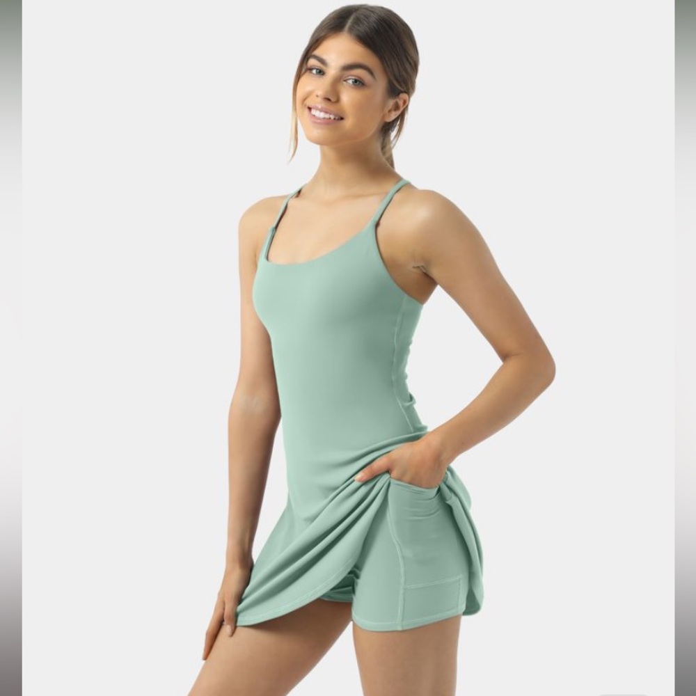 NWT HALARA Everyday Cloudfgul Backless Flare Workout Dress mint green L